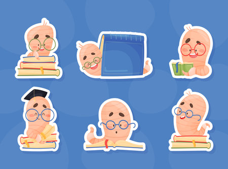 Cute Worm Character with Book in Glasses Vector Setのイラスト素材