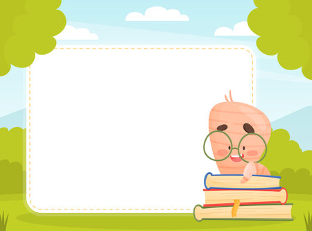 Cute Worm Character with Book in Glasses Note Card Vector Templateのイラスト素材