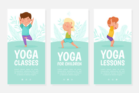 Girl and Boy Do Yoga Banner Design with Kid Stand in Asana Vector Templateのイラスト素材