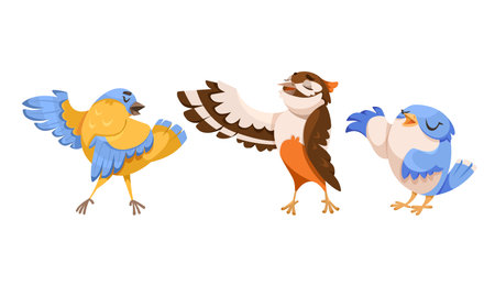 Cute Bird with Feathers Singing Song Vector Setのイラスト素材
