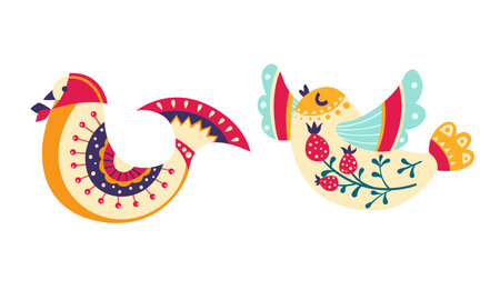 Various Birds with Folk Ornament and Decor Vector Setのイラスト素材