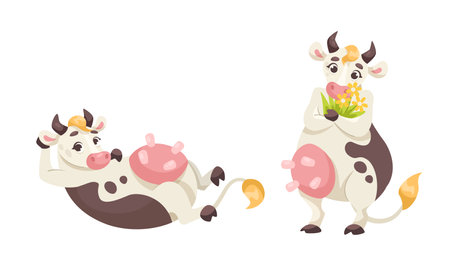 Adorable and Cute Cartoon Cows with Colorful Flowers in Playful and Cheerful Posesのイラスト素材