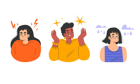 Emotional Expressions Reflecting Anger, Joy, and Sadness in Various Contexts and Formatsのイラスト素材