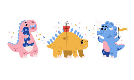 Cartoon Dinosaurs Joyfully Celebrating with Colorful Party Hats and Confetti in the Airのイラスト素材