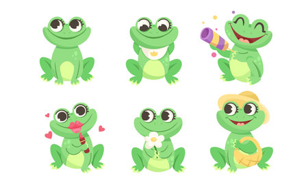 Cheerful Cartoon Frogs Featuring Fun and Vibrant Expressions in a Variety of Bright Colors