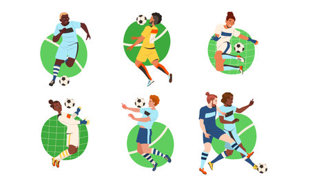 Dynamic Soccer Illustrations Depicting Various Players Engaged in Exciting Action Momentsのイラスト素材