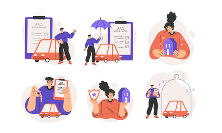 An illustration featuring car insurance procedures and the related concepts of protectionのイラスト素材