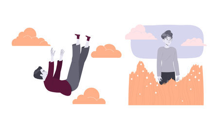 Dreamscape The Journey of Floating and Reflection in Surreal and Colorful Landscapesのイラスト素材