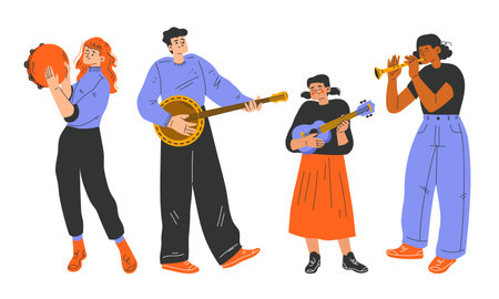 Diverse musicians are collaboratively playing instruments, creating an energetic atmosphereのイラスト素材