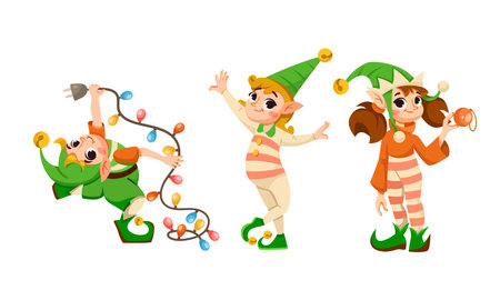 Christmas elves joyfully prepare for the holiday, making decorations and gifts to spread cheerのイラスト素材