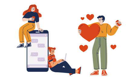 Modern Love Exploring Digital Connections and Engaging Romantic Interactions in Todays Worldのイラスト素材