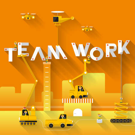 Construction site crane building Teamwork text, Vector illustration template designのイラスト素材