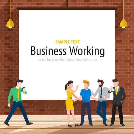 Business people with brick wall on the background.White paper canvas for use to layout with text or information.のイラスト素材