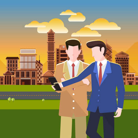 Flat design concept business people discuss on city backgroundのイラスト素材