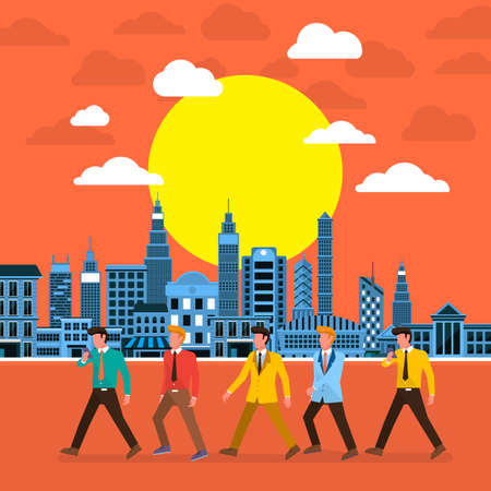 Flat design concept businessman walking on the city sun set. Vector Illustrate.のイラスト素材
