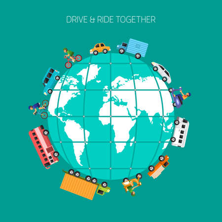 Vector illustration flat design concept car and bike use road together on globe.のイラスト素材