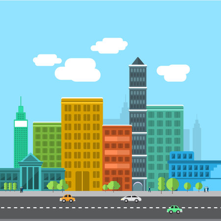 Set of buildings in the style of small business flat design. Roads and city far view.Vector Illustrate.のイラスト素材