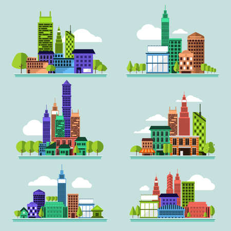 Building icon set concept for use to city landscape condominium, house, tower. Vector flat designのイラスト素材
