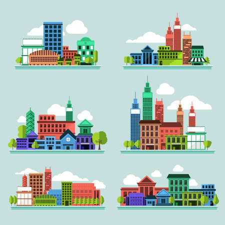 Building icon set concept for use to city landscape condominium, house, tower. Vector flat designのイラスト素材