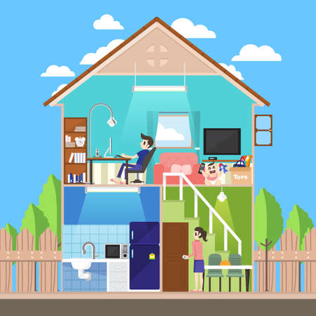 Flat design home slice to family life style. Vector illustrate.のイラスト素材