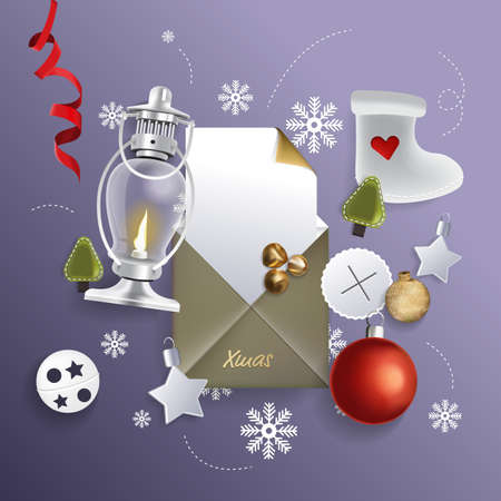 Merry Christmas festive background with Christmas decoration, vector illustration.のイラスト素材