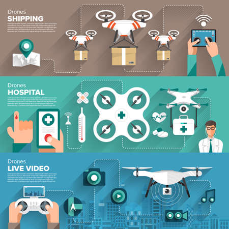 Drones vector set. Flat design element drone and controller connecting to photo, video, hospital and shipping. Illustrateのイラスト素材