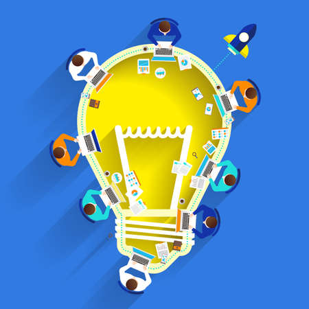 Flat design graphic present creative by lightbulb with build from device.のイラスト素材