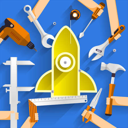 Flat design concept create or build startup business with symbol rocket.のイラスト素材