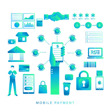 Mobile payment vector set gradient style color blue and greenのイラスト素材