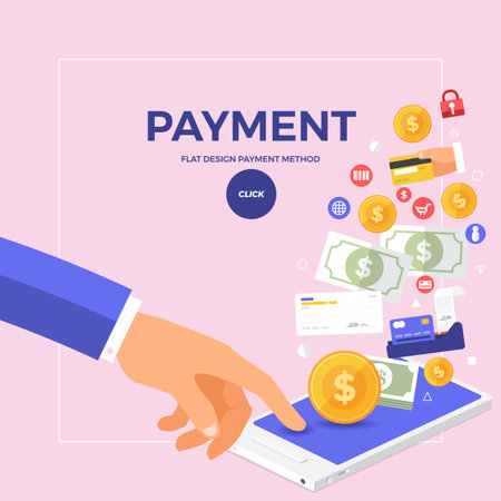 Flat design concept online payment with click on mobile. Vector illustrate.のイラスト素材