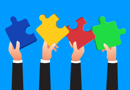 Flat design concept hands teamwork building success business with jigsaw symbol. Vector illustrate.