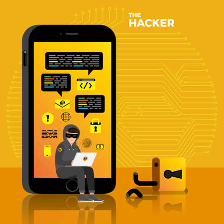 Flat design concept hacker activity cyber thief on internet device. Vector illustrate.のイラスト素材