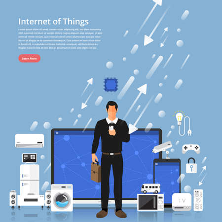 Illustration concept IOT ( internet of things ) present by the man stand among device and electronic can use control with mobile. Flat design vector.のイラスト素材
