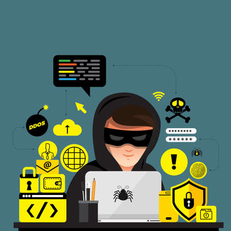 Flat design concept hacker activity cyber thief on internet device. Vector illustrate.のイラスト素材