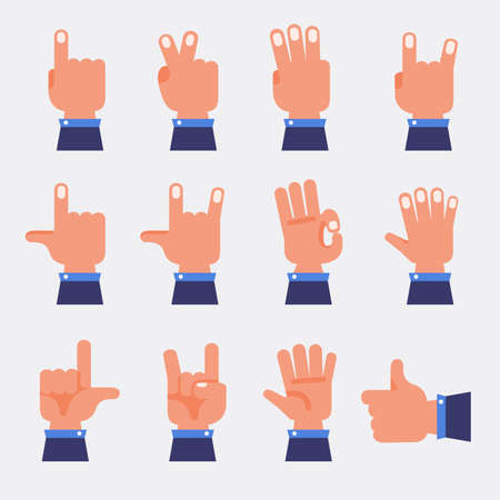Set of hands in different gestures emotions and signs on white background isolated vector illustrationのイラスト素材
