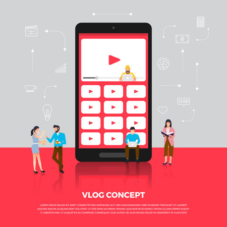 Flat design concept vlog. Team develop channel video online. Vector illustrate.のイラスト素材