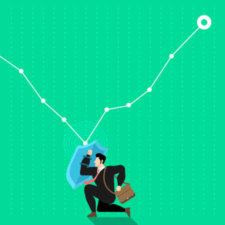 Illustrate concept the businessman use shields to reflect the graph from down to up. Vector flat design.
のイラスト素材