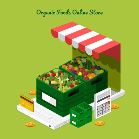 Illustration dessign concept healthy foods online store as fresh fruits and fresh vegetables. Vector set banner template.のイラスト素材