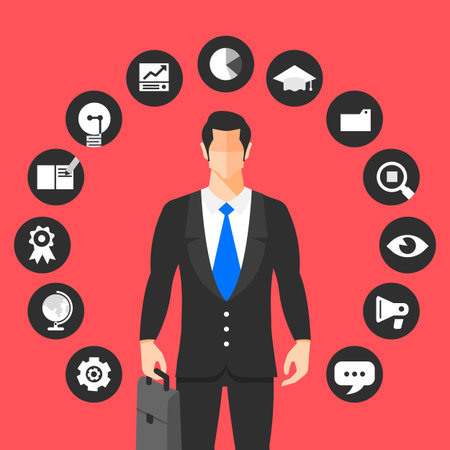 Businessman standing around icons for business activity.のイラスト素材