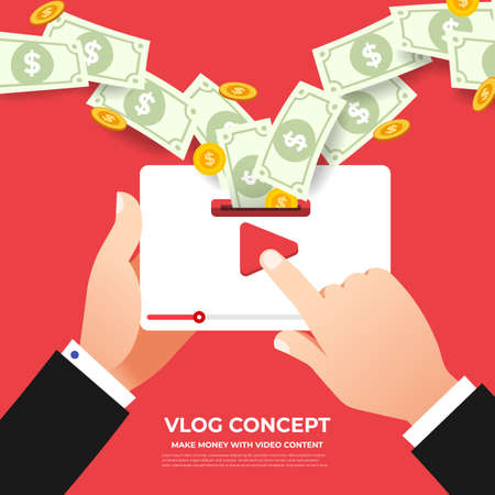 Flat design vlog concept. Create video content and make money. Vector illustrateのイラスト素材