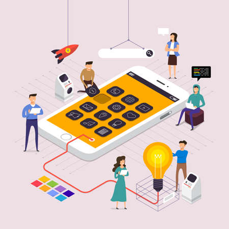 Flat design concept team working for building application on mobile vector illustration.のイラスト素材