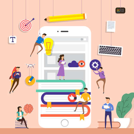 Flat design concept team working for building e-book application on mobile vector illustration.のイラスト素材