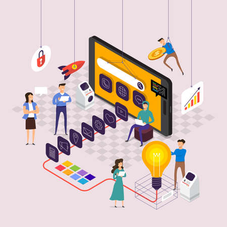Flat design concept team working for building application on mobile vector illustration.のイラスト素材