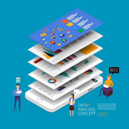 Flat design concept data analysis. Visualize with graph and chart marketing growth. Vector illustration.のイラスト素材