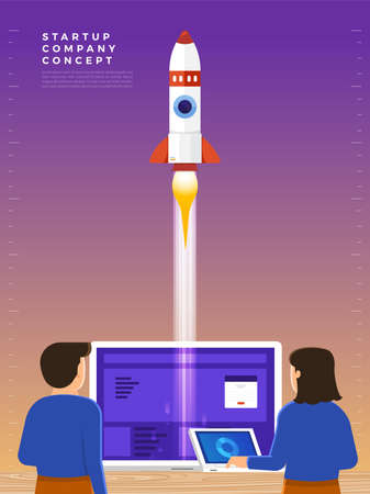 Businessman launches rocket into the sky, employee performs the start-up of the spacecraft. Business startup concept. Vector illustrations.のイラスト素材