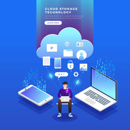 Isometric flat design concept cloud technology data transfer and storage. Connecting information. Vector illustrations.のイラスト素材