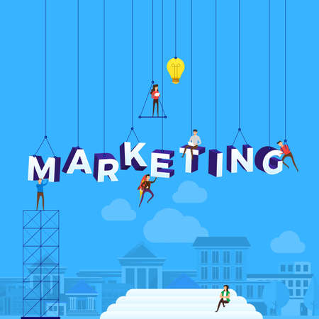 Flat design concept people working for building text MARKETING. Vector illustration.のイラスト素材