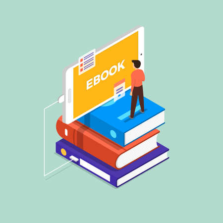 Flat design concept ebook. The man stand on book and mobile device. Vector illustrate.のイラスト素材