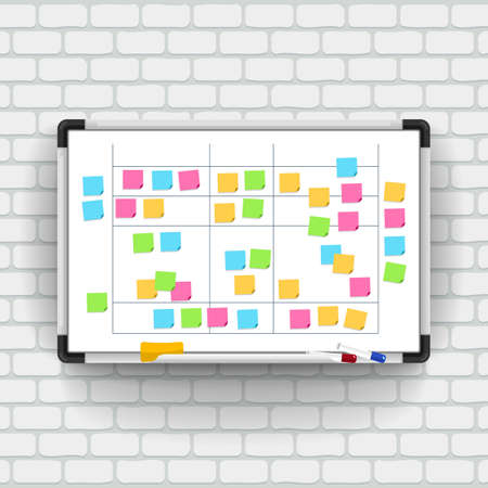 Empty whiteboard with marker pens and note paper. Business presentation office white board isolated vector mockup. Vector illustrate.のイラスト素材