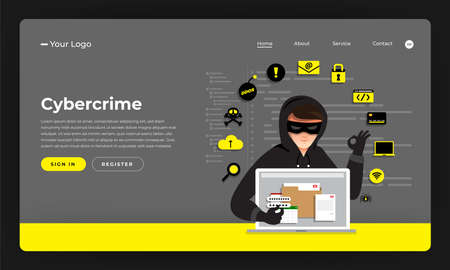 Mock-up design website flat design concept hacker activity cybercrime and cyber thief.  Vector illustration.のイラスト素材